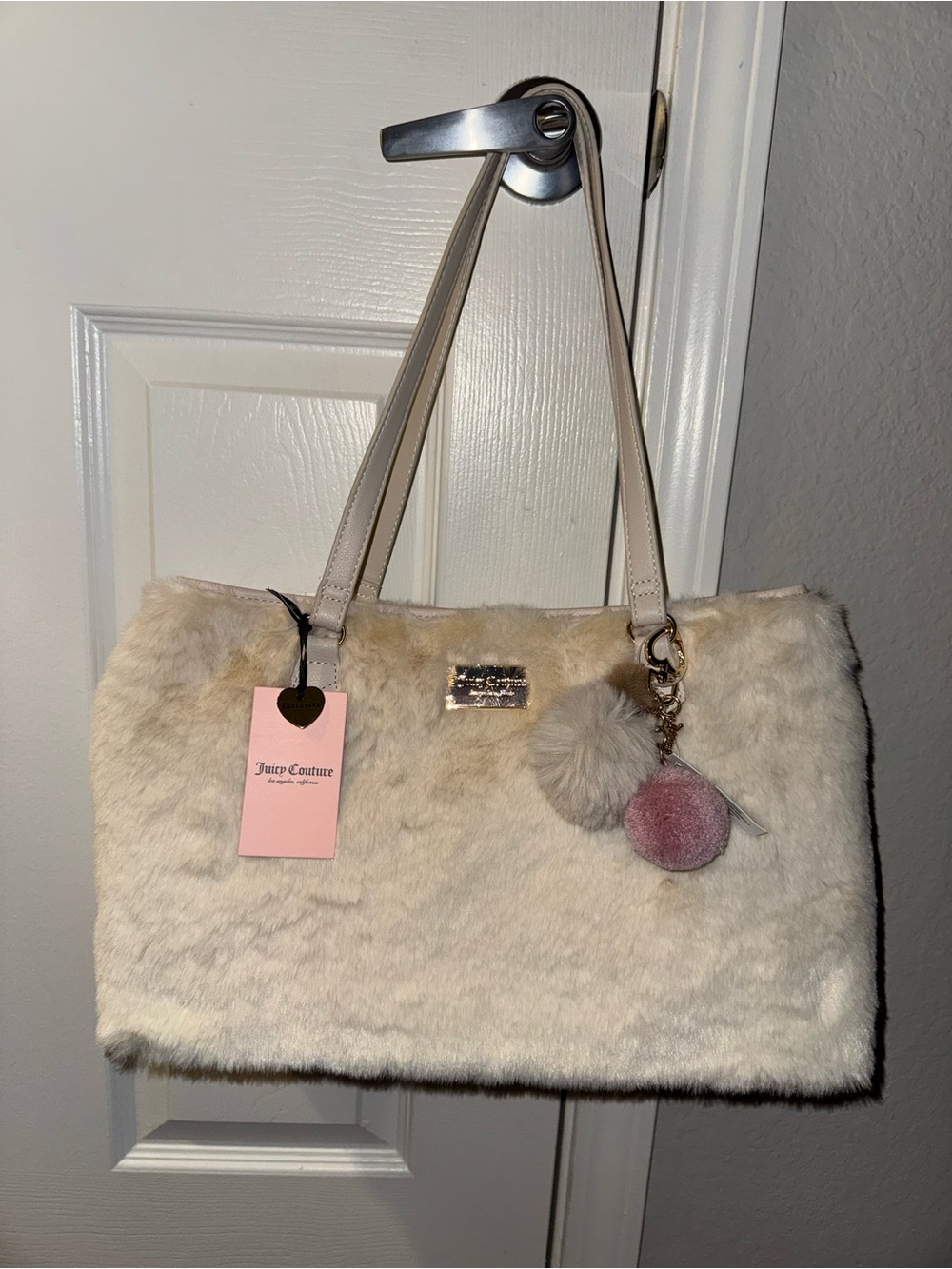 Juicy Couture White Faux Fur Shoulder Bag with Pom Pom Charm New with Tags
